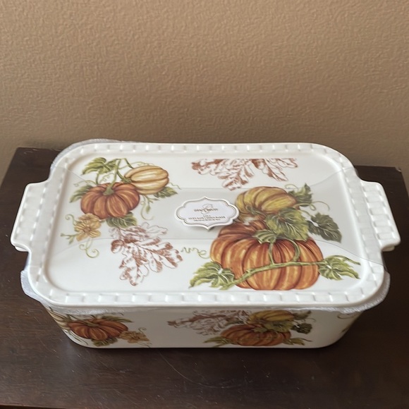 Grace Pantry Pumpkins Rectangular Porcelain Casserole Baking Dish & Lid New - Picture 3 of 4